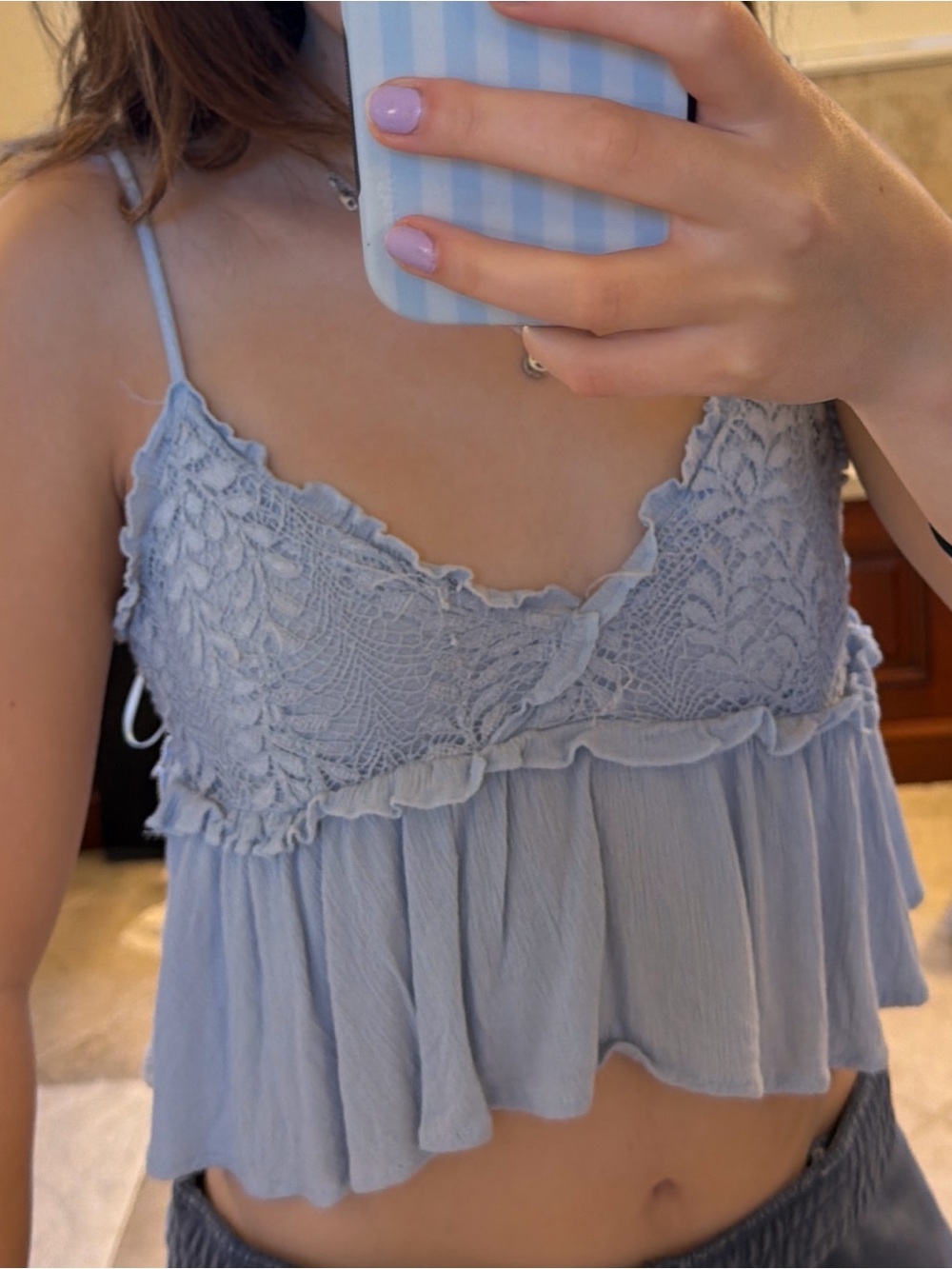 Ocean Drive Light Blue Lace-Trim Ruffled Camisole Tank